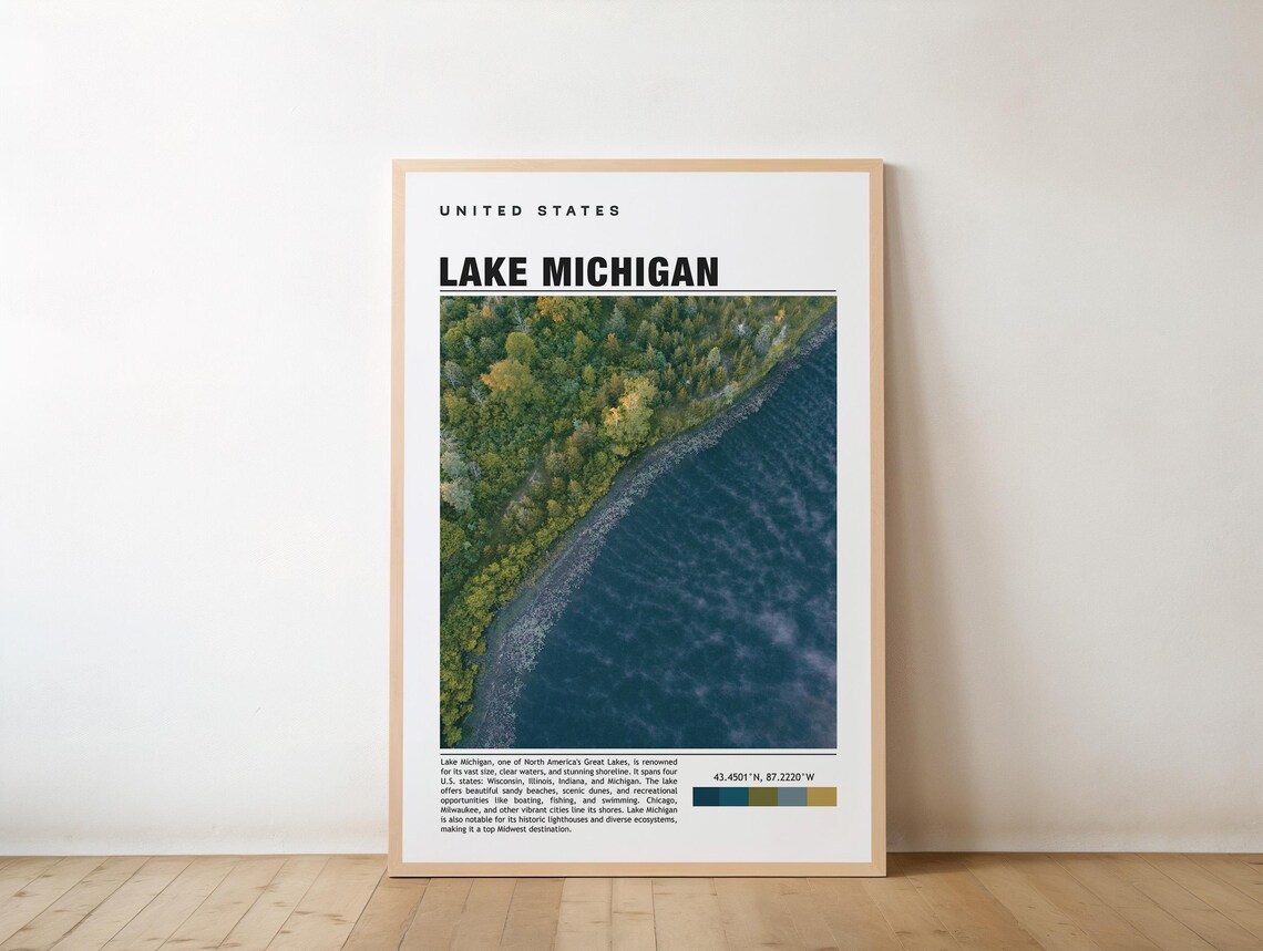 Lake Michigan Aerial Shoreline United States Minimal Travel Poster