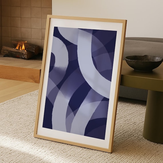 Navy Abstract Poster, Japandi Minimalist Curved Shapes