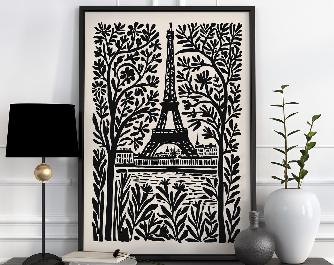 Black and White Eiffel Tower Between Trees Folk Linocut Poster