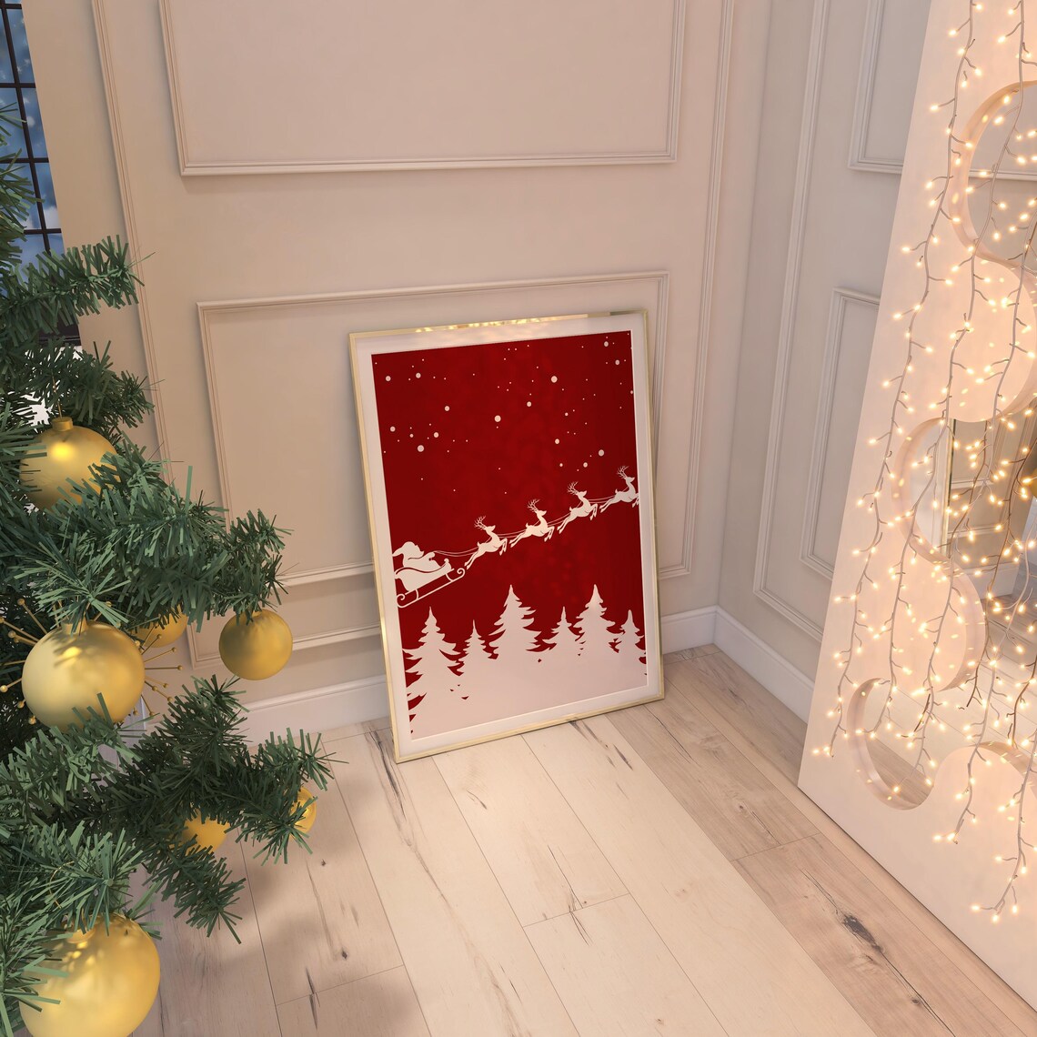 Red Christmas Santa Sleigh Reindeer Snow Holiday Minimalist Poster - Image 5