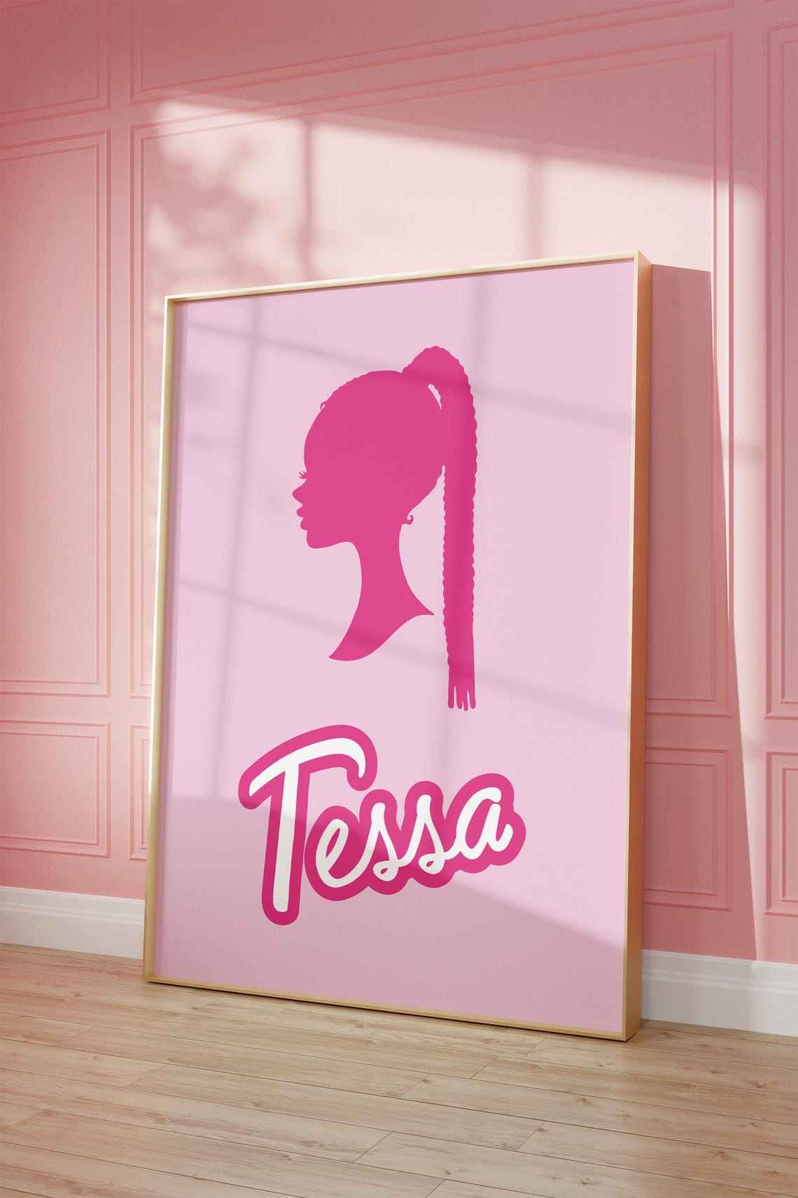 Personalised Ponytail Girl Name Pink Silhouette Wall Art Print - Image 4