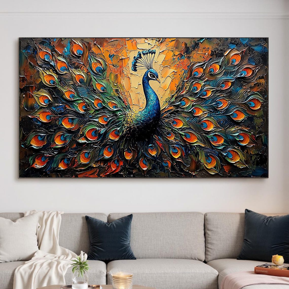 Majestic Peacock with Fanned Iridescent Tail in Impasto Poster