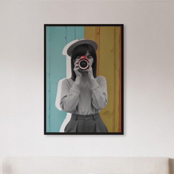 Framed Retro Photographer Woman Wall Art Print Minimalist Black White Portrait Poster With Color Pop Gift For Creatives Trendy Interiors