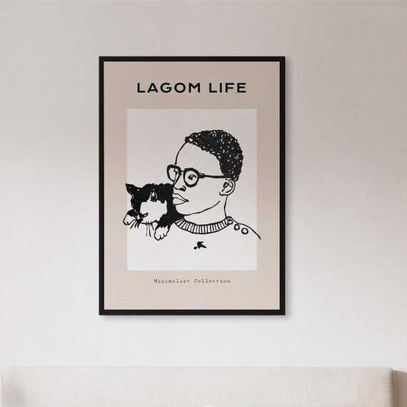 Lagom Life Minimalist Cat Line Drawing Scandinavian Art Poster