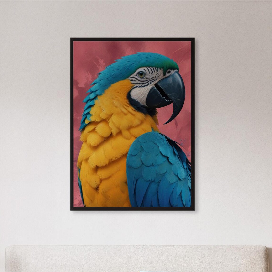 Blue and Gold Macaw Portrait on Red Background Tropical Parrot Poster