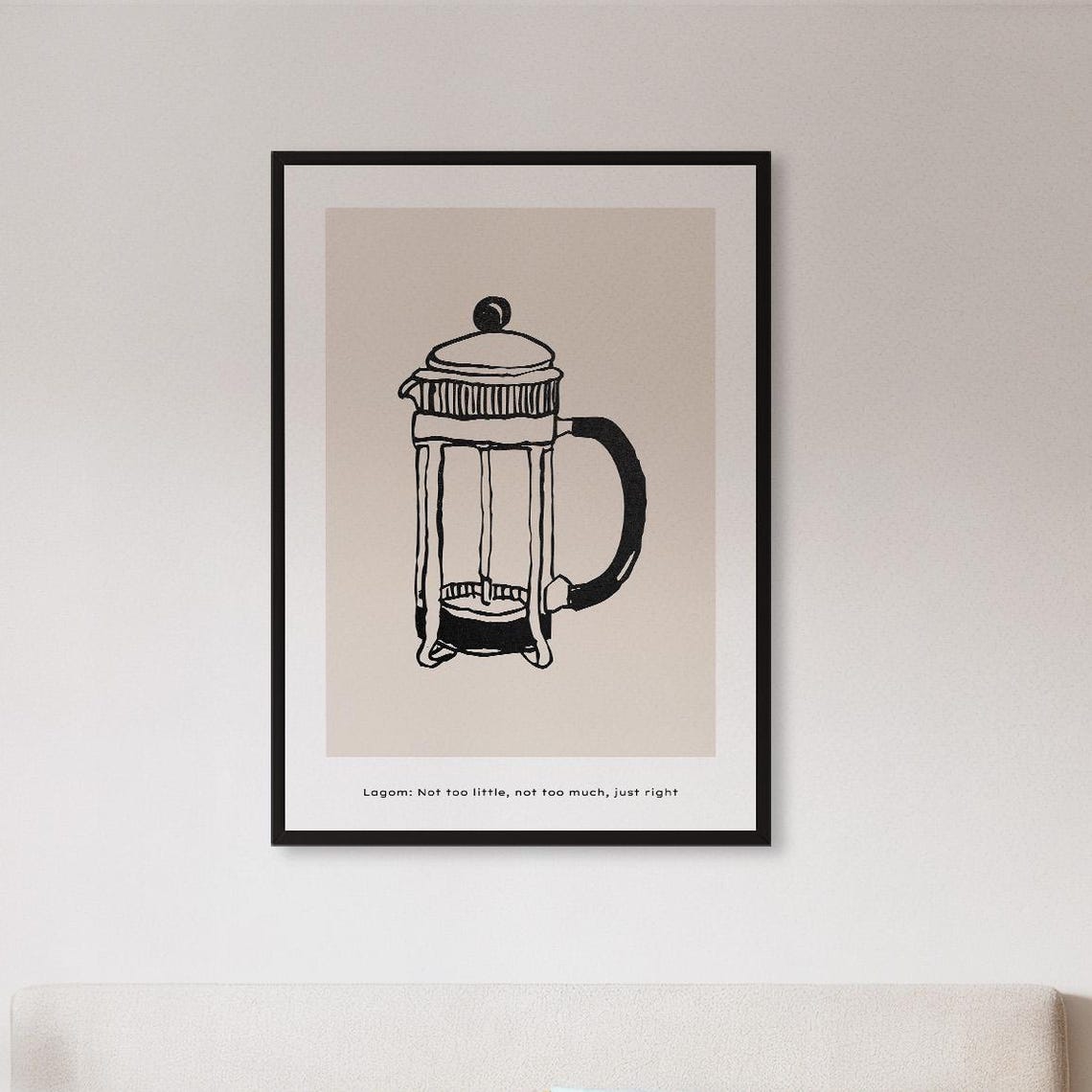 Lagom French Press Coffee Line Drawing Minimalist Kitchen Poster