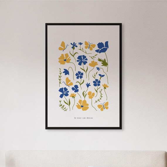 Framed Botanical Flower Wall Art Print Minimalist Blue Yellow Garden Illustration Poster Scandinavian Floral Decor For Kitchen Or Home