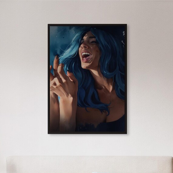 Framed Blue Hair Woman Wall Art Print Bold Portrait Poster With Attitude Modern Feminine Expression Painting Gift Lover Cool Space