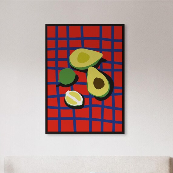 Framed Avocado Kitchen Art Print Red Blue Grid Wall Decor Bold Fruit Poster Gift For Food Lovers Retro Colorful Dining Room Artwork