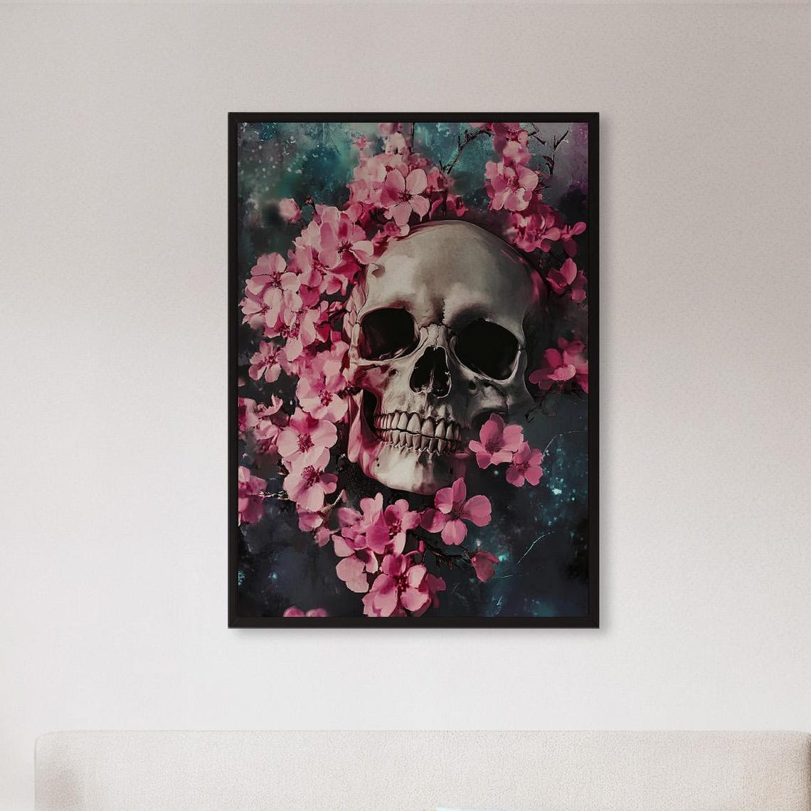Skull With Pink Cherry Blossoms Dark Gothic Floral Art Poster