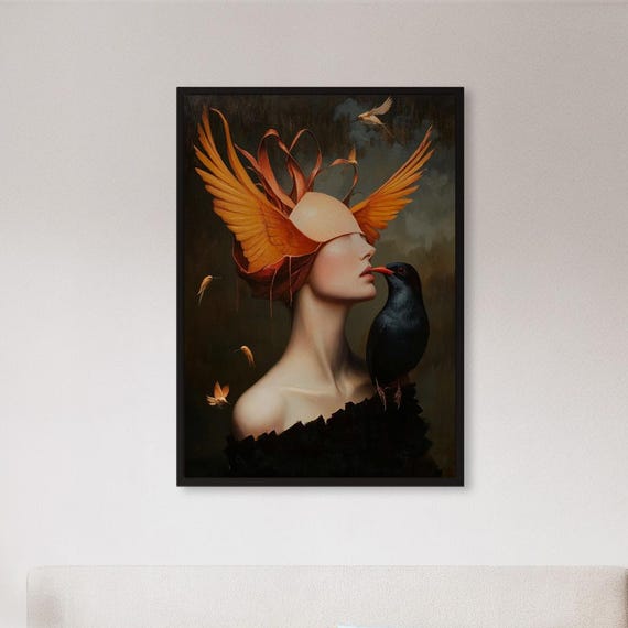 Framed Surreal Woman Bird Wall Art Print Fantasy Portrait With Wings Poster Dreamy Gothic Decor Gift For Visionary Homes Or Lovers