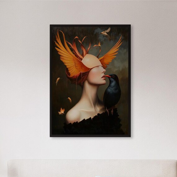 Surreal Winged Woman With Black Bird Dark Fantasy Portrait Poster