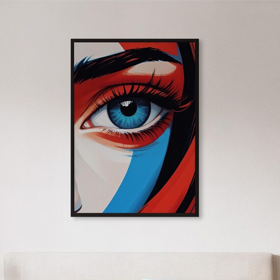 Framed Blue Eye Wall Art Print Bold Modern Face Closeup Poster Red And Abstract Portrait Gift For Lovers Or Creative Spaces