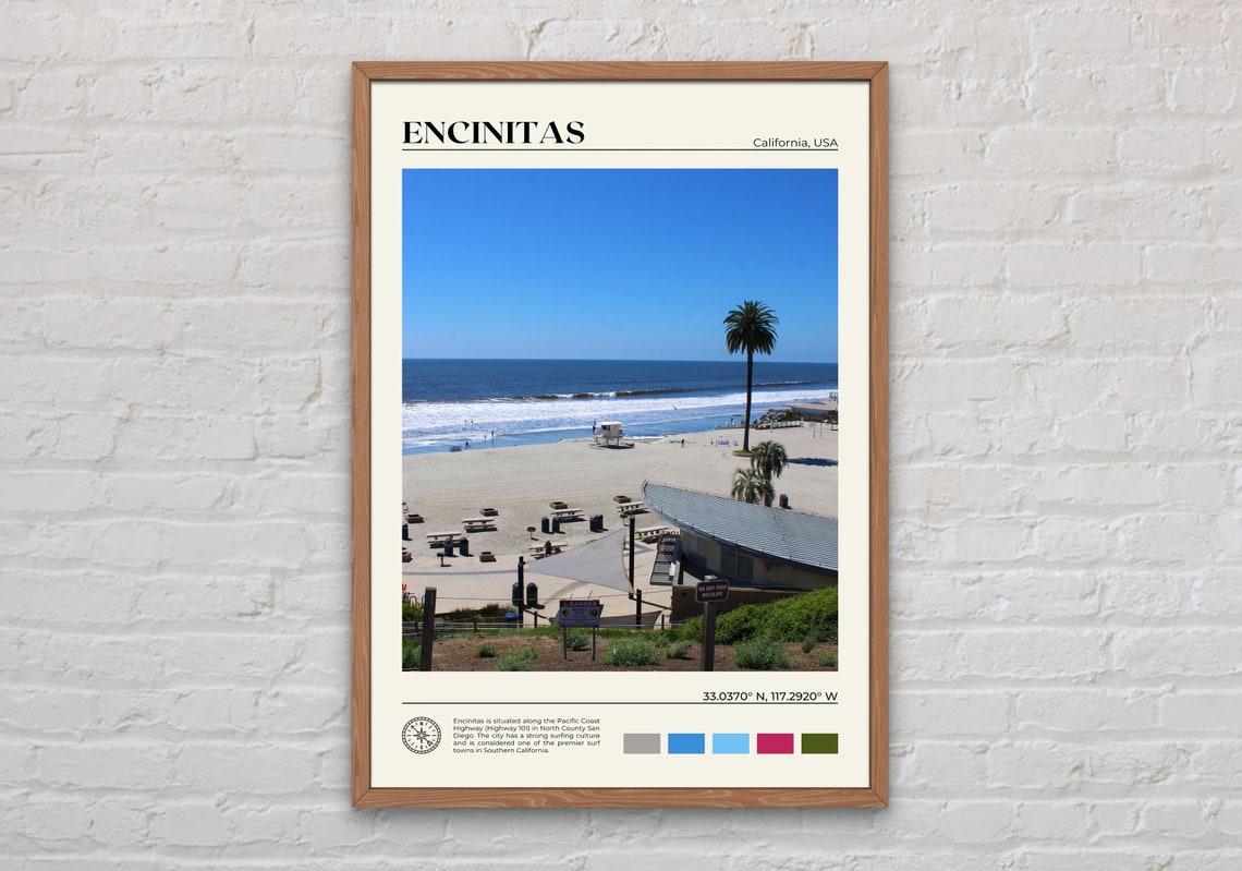 Encinitas California Sunny Surf Beach Pacific Coast Travel Poster