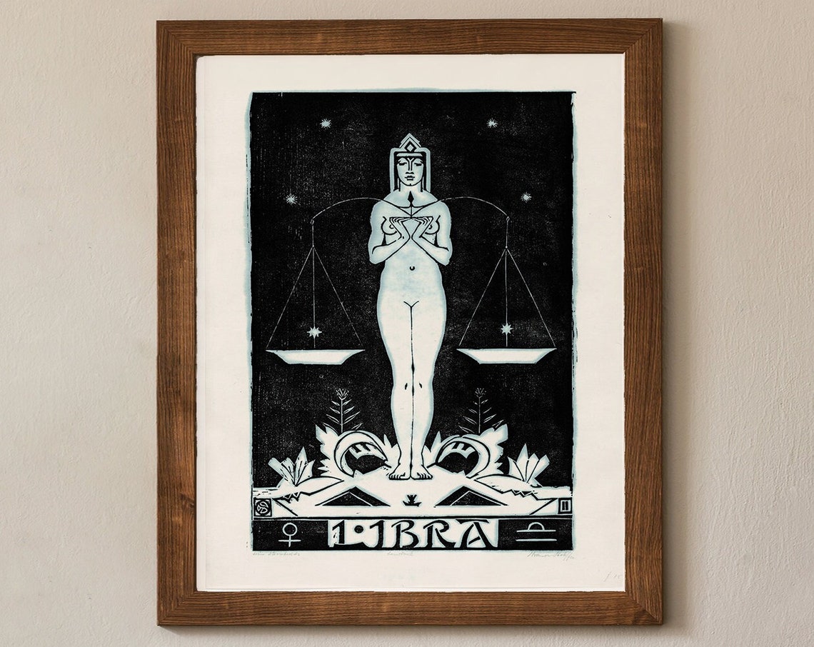 Libra Zodiac Sign Scales Vintage Black White Linocut Astrology Poster