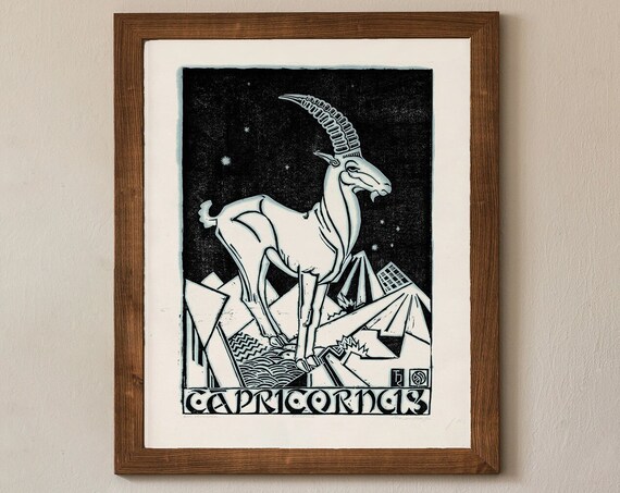 Capricorn Zodiac Sign Ibex Vintage Black White Linocut Astrology Poster