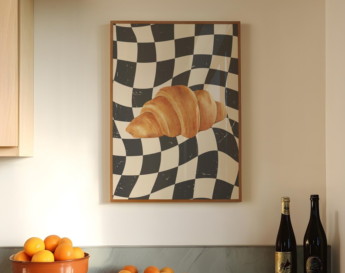 Buttery Croissant On Black Wavy Checkerboard Funky Kitchen Poster - Image 3