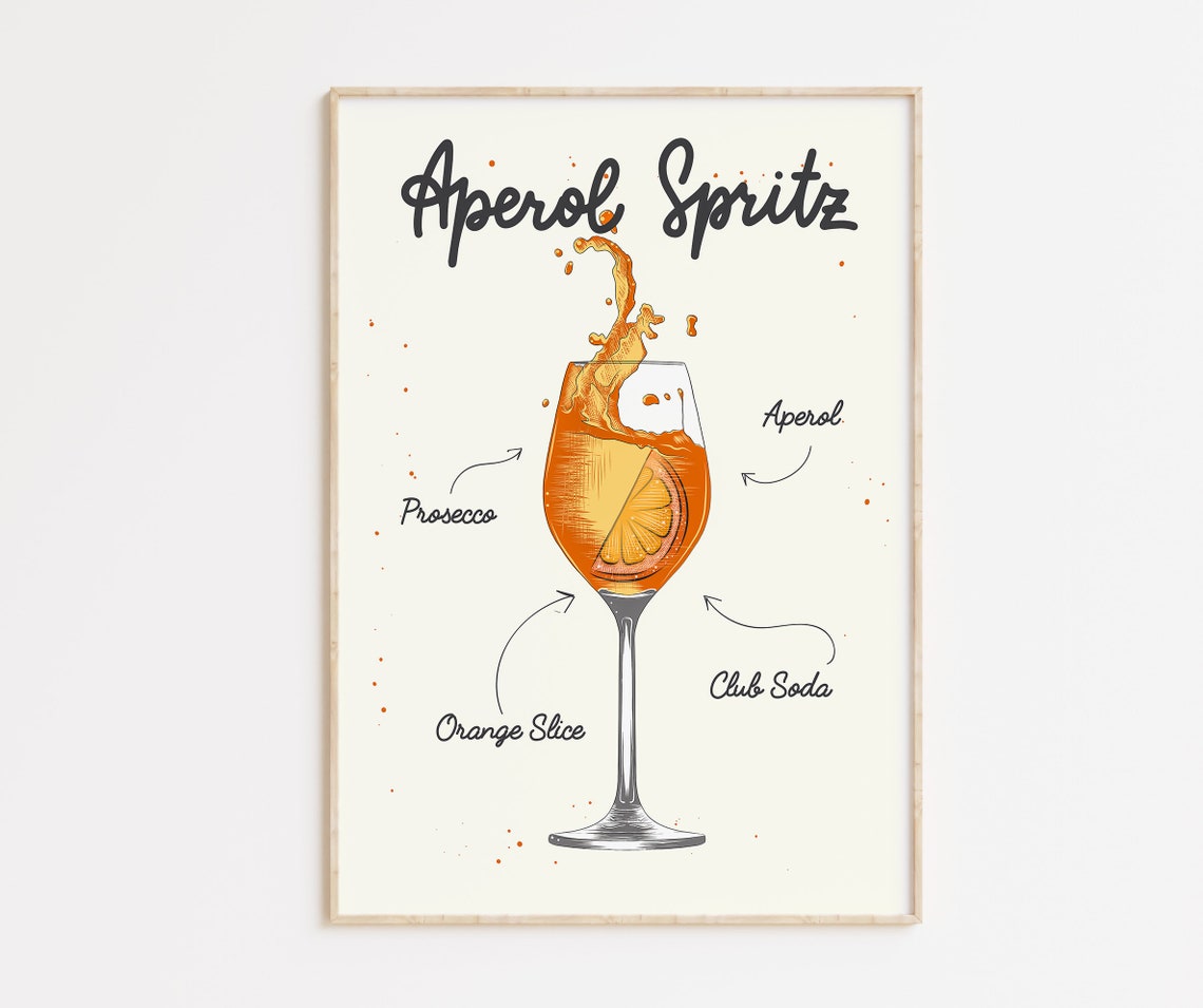 Aperol Spritz Cocktail Recipe Glass Illustration Cream Kitchen Poster