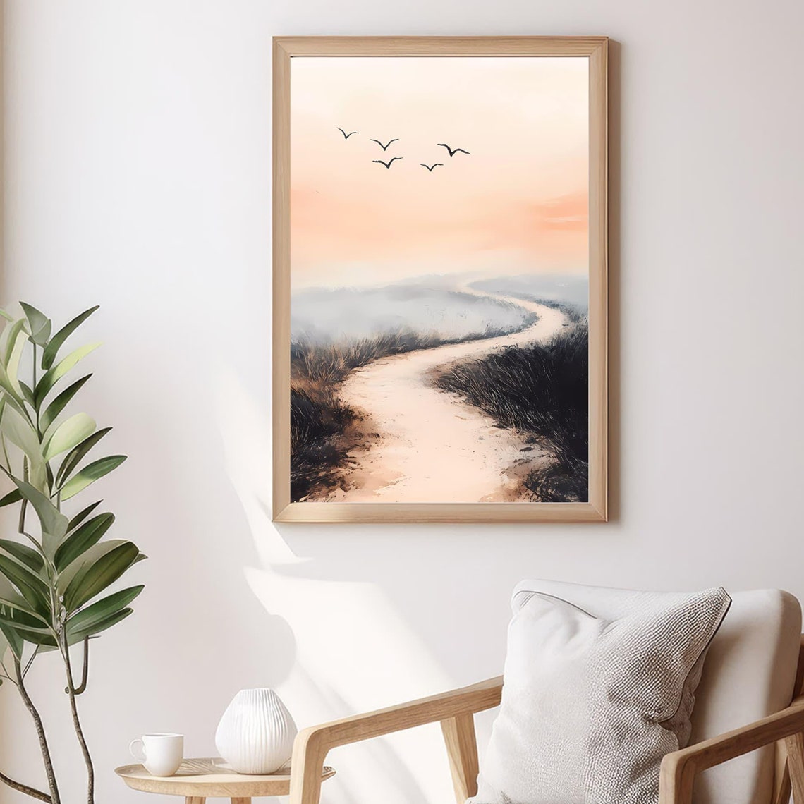 Peaceful Sunset Pathway Through Dunes With Flying Birds Poster