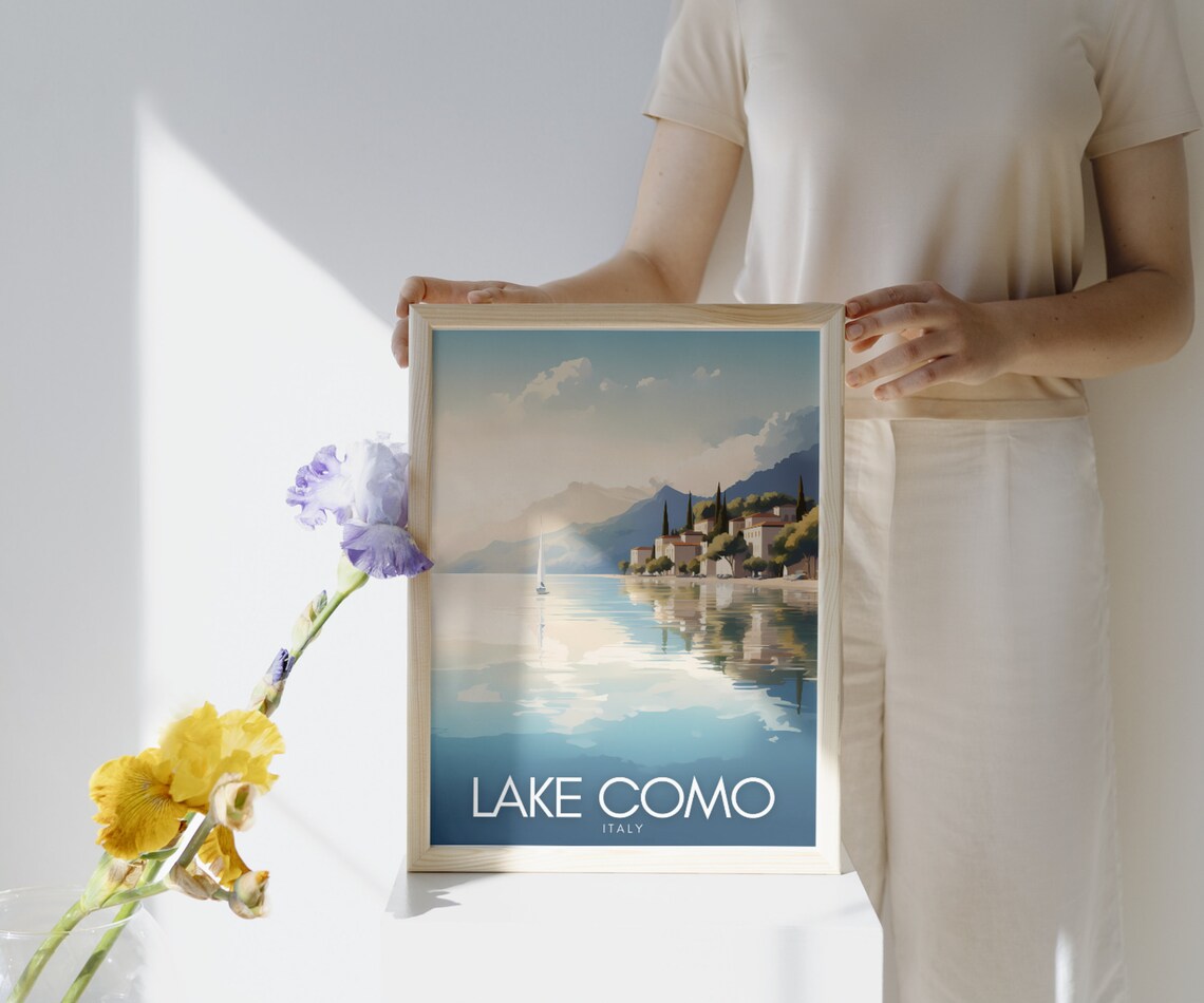 Lake Como Italy Lakeside Village Sailboat Morning Travel Poster - Image 3