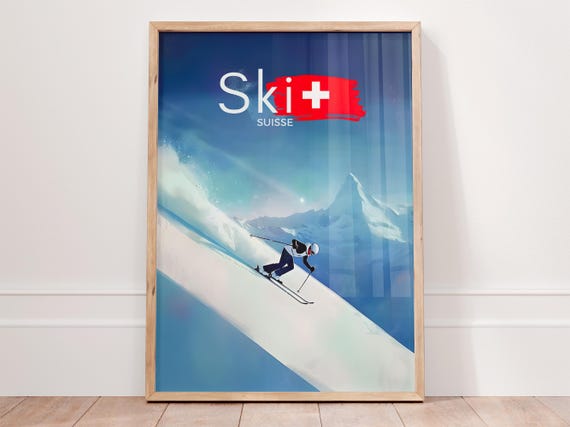 Ski Suisse Poster Swiss Alps Wall Art Vintage Skiing Print Winter Sports Decor Matterhorn Ski Poster Switzerland Travel Gift Idea