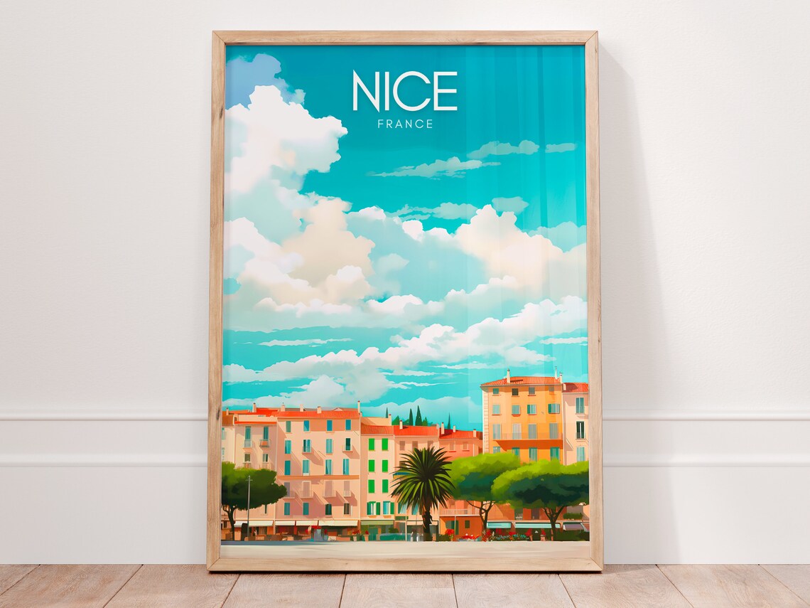 Nice France Pastel Waterfront Buildings Riviera Travel Poster Art