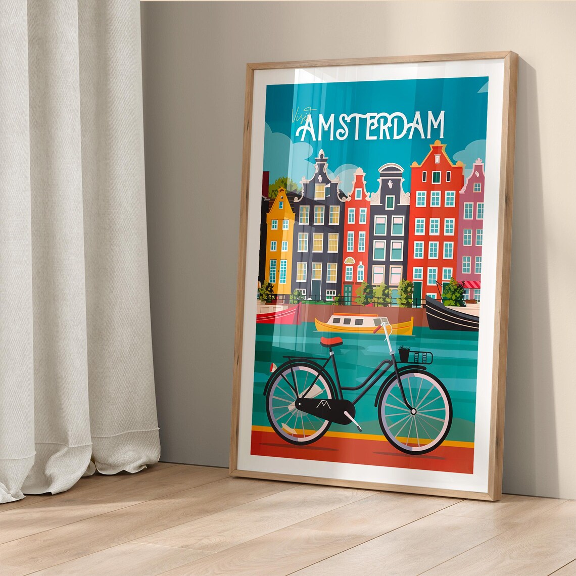 Amsterdam Netherlands Canal Houses Bicycle Flat Art Travel Poster - Image 5