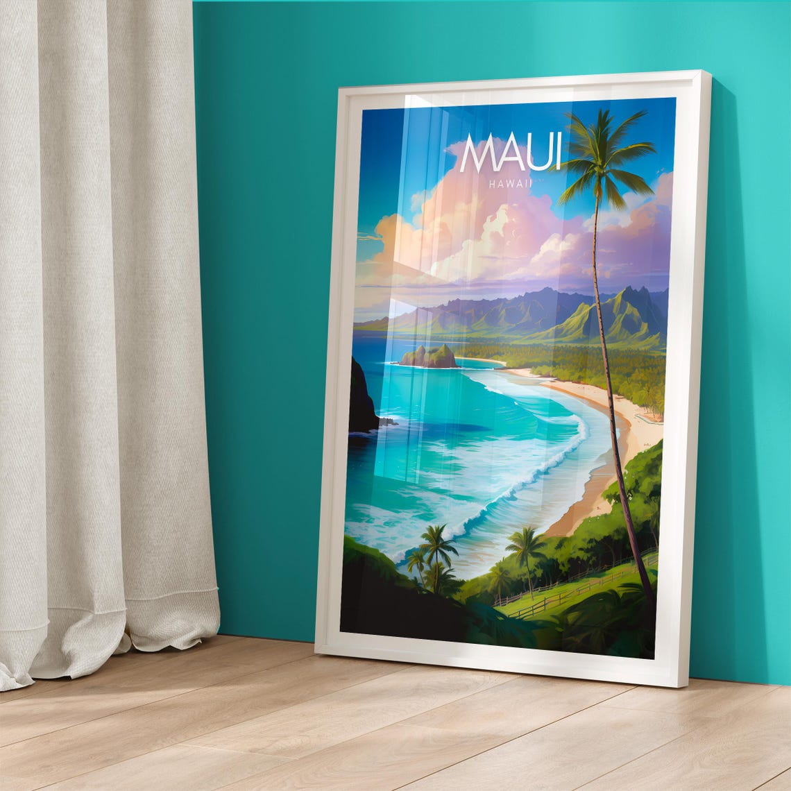 Maui Hawaii Poster with Turquoise Bay Palm Trees and Green Cliffs - Image 5