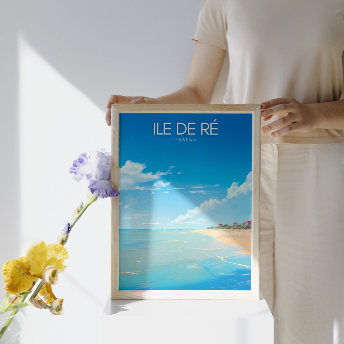 Ile de Ré France Beach Poster with Calm Sea and Soaring Seagulls - Image 3