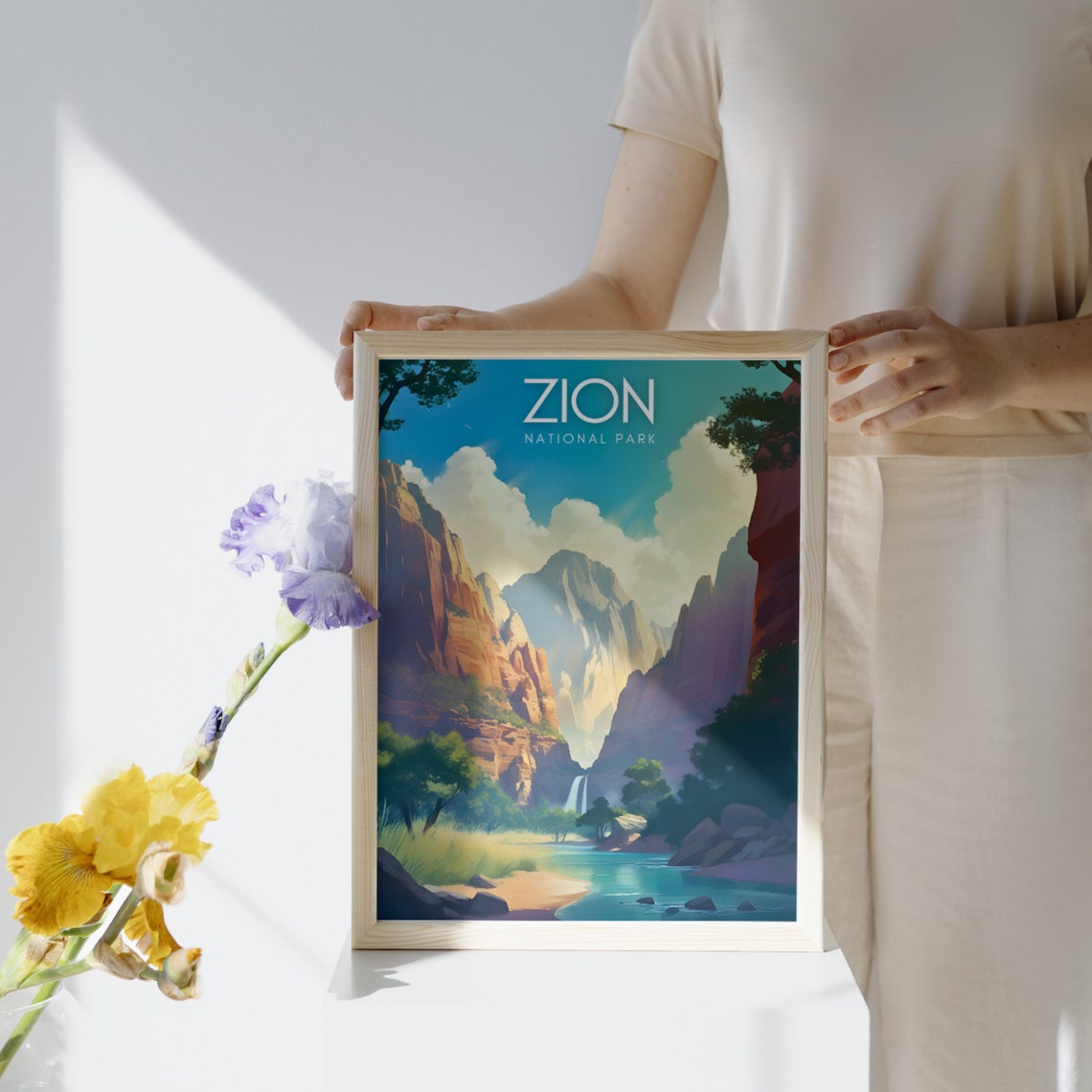 Zion National Park Red Rock Canyon Waterfall Travel Poster Art - Image 2
