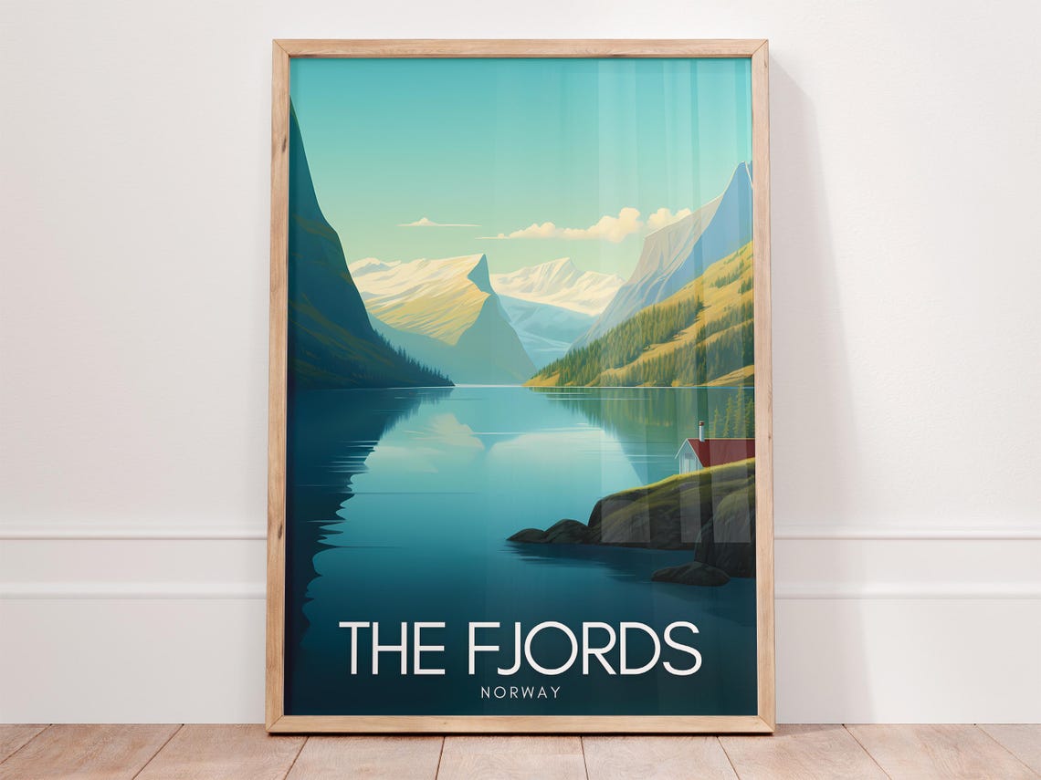 Norway Fjords Travel Poster Scenic Nordic Landscape Art Nature Wall Decor Scandinavian Mountain Print Fjord Art Gift For Nature Lovers