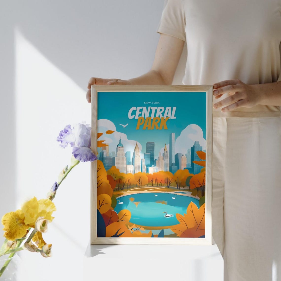 Central Park New York Autumn Orange Trees Lake Skyline Poster - Image 2