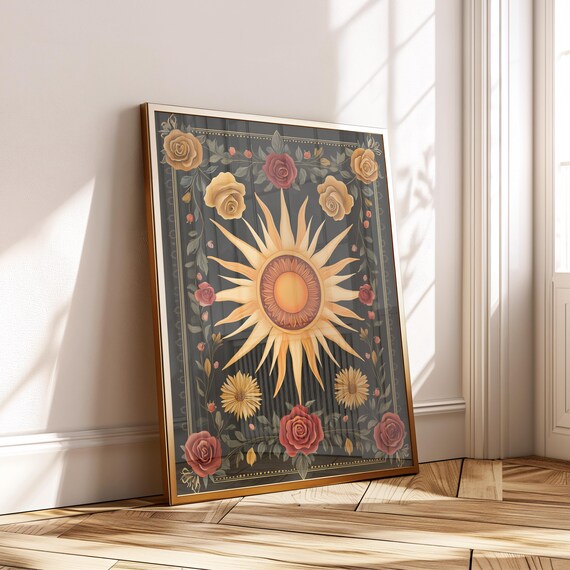 Boho Sun and Roses Mystical Celestial Floral Poster Yellow and Gold