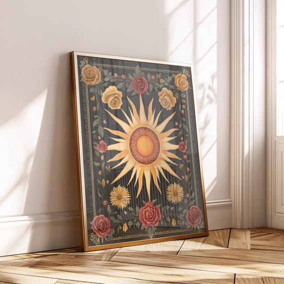 Boho Sun And Roses Wall Art Mystical Folk Poster Yellow Red Floral Print Spiritual Vintage Style Instant Decor