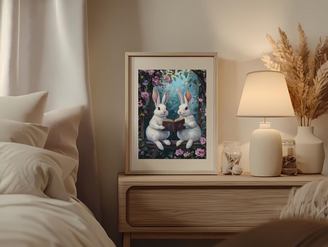 White Bunnies Reading Book Rose Arbor Romantic Floral Art Poster - Image 2