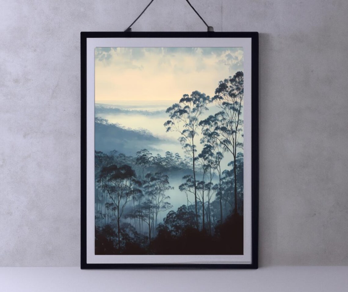 Misty Blue Forest At Dawn Foggy Tall Pine Trees Landscape Poster