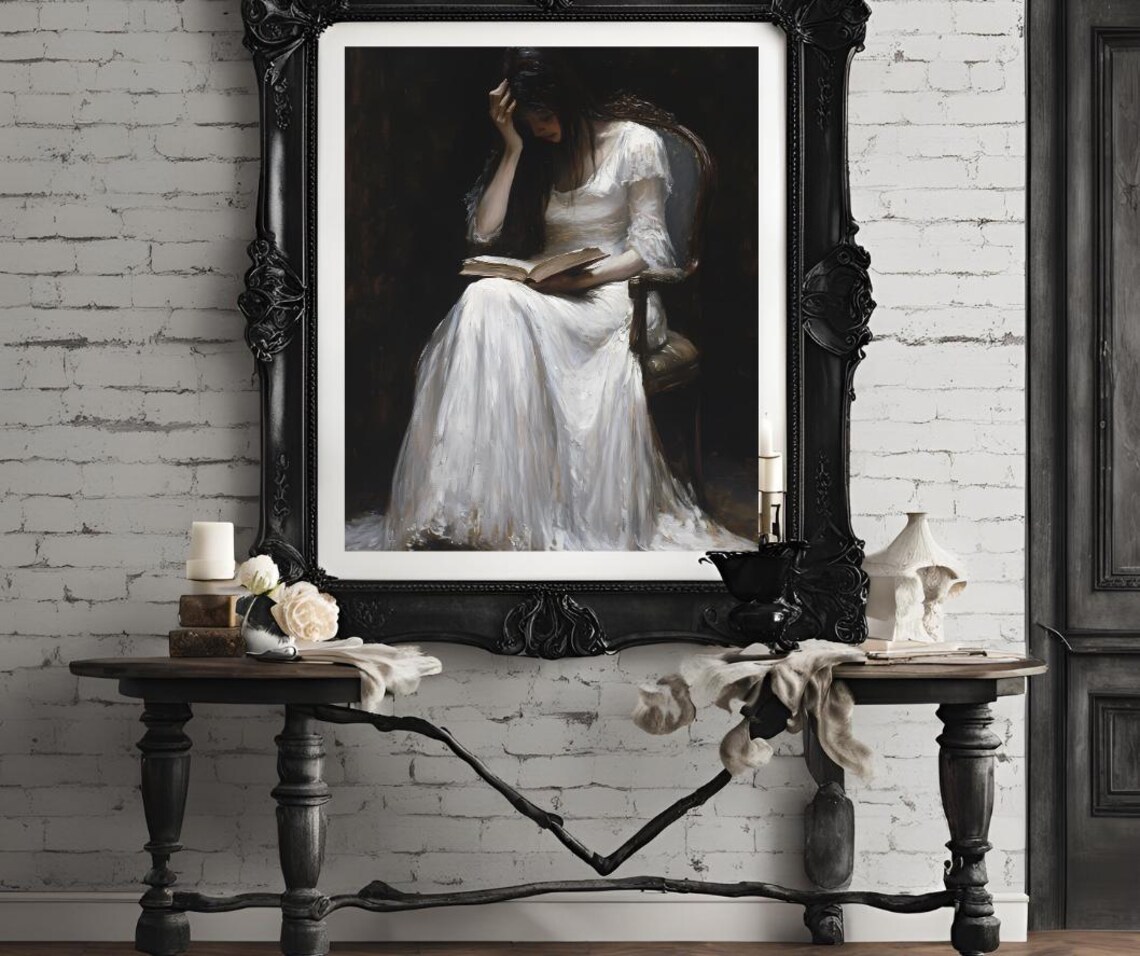Antique Portrait of a Woman Reading Book in White Gown Art Poster - Image 4