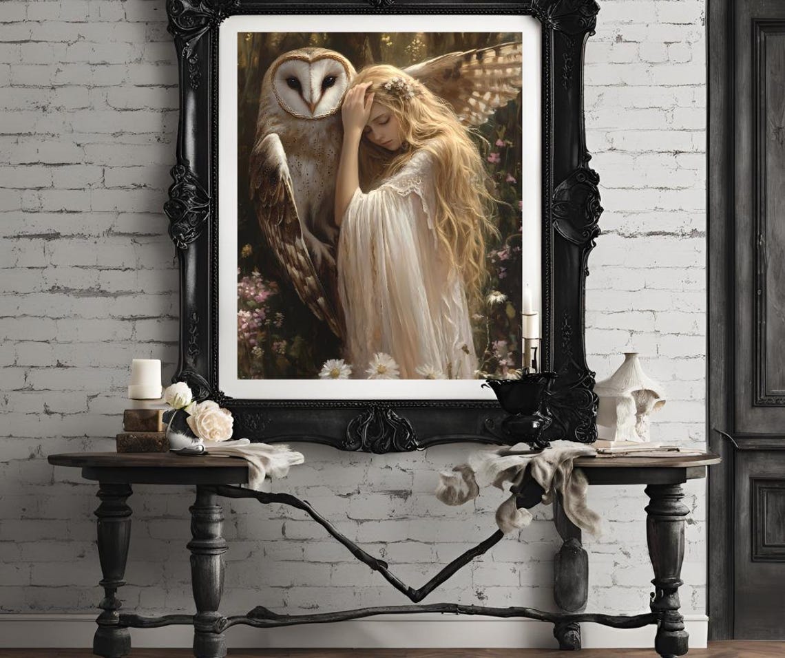 Blonde Goddess Gently Embracing a Giant Barn Owl Forest Flowers Poster - Image 4