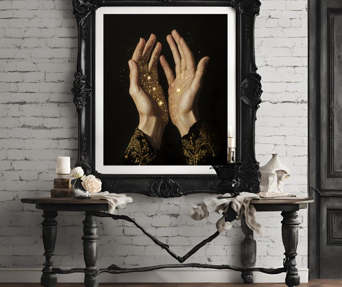 Golden Starry Hands Dark Celestial Magic Moody Night Sky Art Poster - Image 4