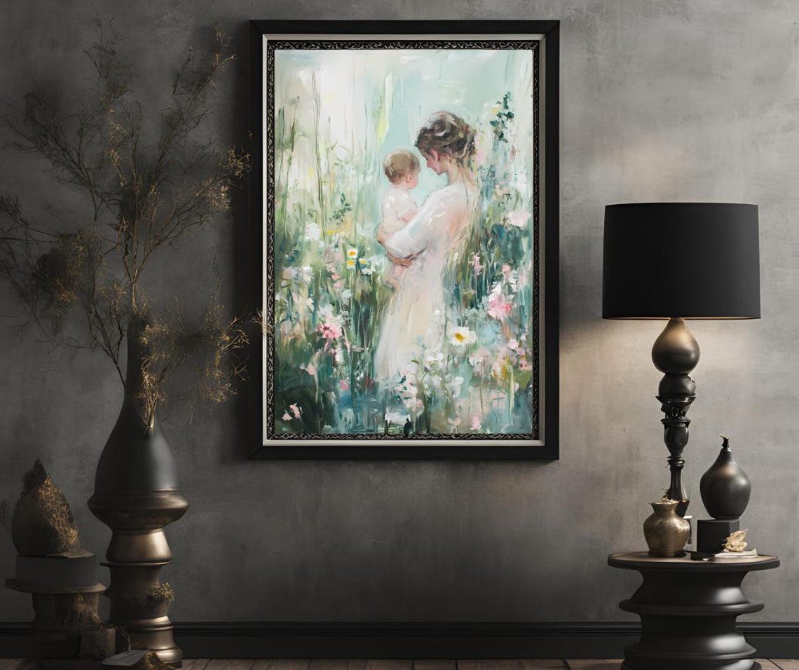 Mother Holding Her Baby in a Soft Flower Field Impressionist Poster - Image 2