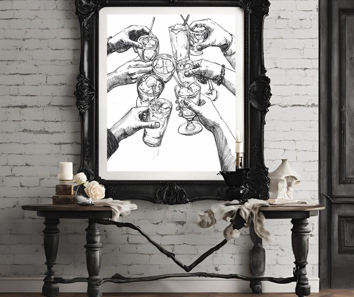 Cheers Line Drawing of Many Hands Toasting Cocktails Together Poster - Image 4