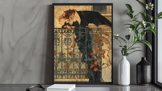 Enigmatic Gothic Demoness Art Print Red Haired Woman With Black Wings On Balcony Dark Fantasy Wall Art Ethereal Gothic Decor