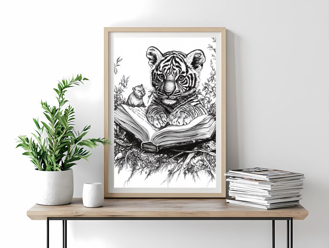 Tiger Cub Reading Book Line Art Whimsical Black White Animal Poster - Image 4