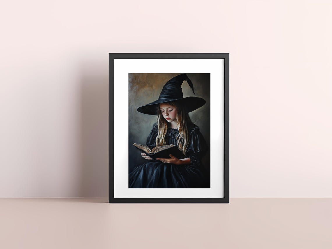Enchanting Art Little Girl In Witch Hat Reading Magical Wall Art - Image 4