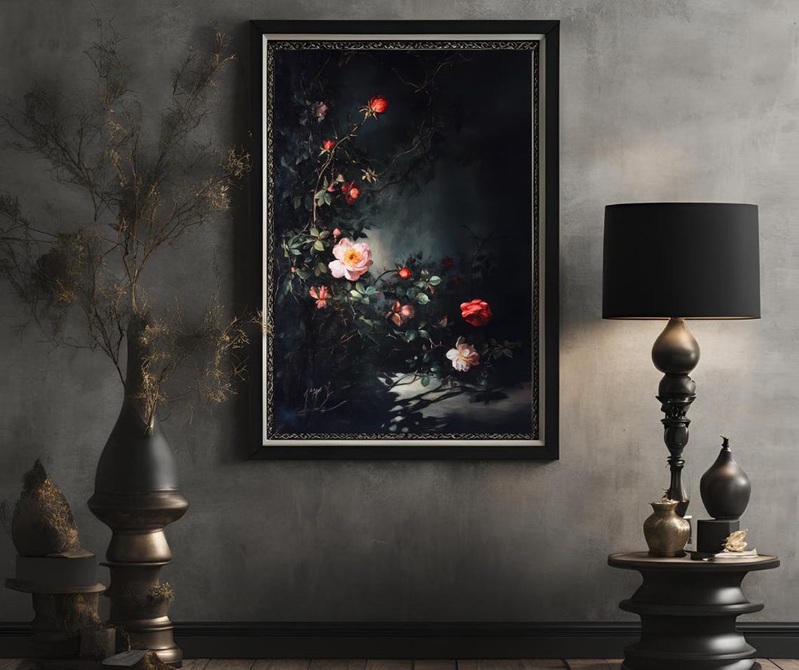 Moody Dark Roses in Deep Shadow Botanical Cottagecore Art Poster - Image 2