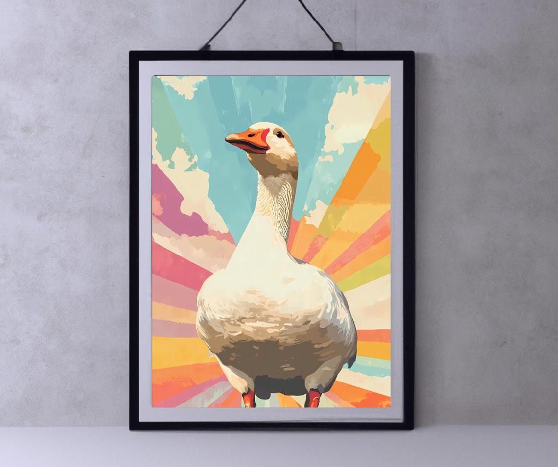 Bold Rainbow Goose Portrait With Retro Pop Art Rays Wall Decor Poster