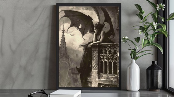 Brooding Gothic Fantasy Art Print Dark Angel On Gothic Balcony Atmospheric Gothic Decor Elegant Dark Wall Art