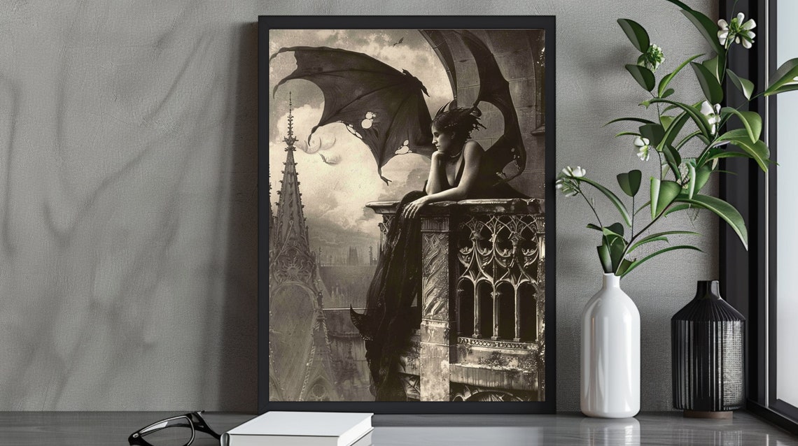 Brooding Gothic Fantasy Art Print Dark Angel On Gothic Balcony Atmospheric Gothic Decor Elegant Dark Wall Art