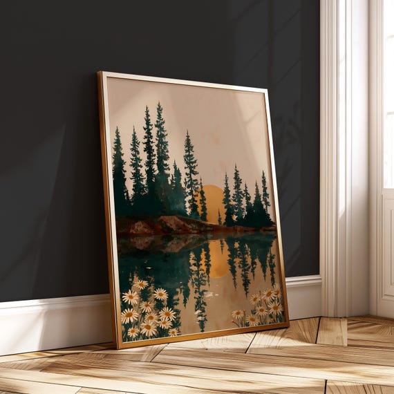 Sunset Forest Daisy Print Boho Reflection Landscape Wall Art Pine Tree Poster Nature