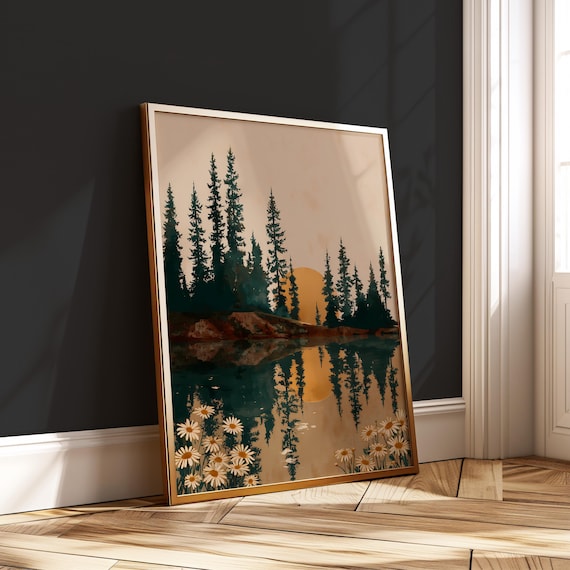 Sunset Forest Lake Pine Reflection Daisy Meadow Boho Nature Poster
